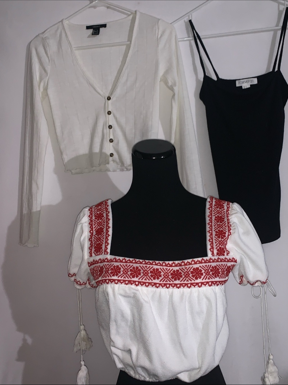 Set of 3 -Forever 21 White Peasant Blouse with Red Embroidery